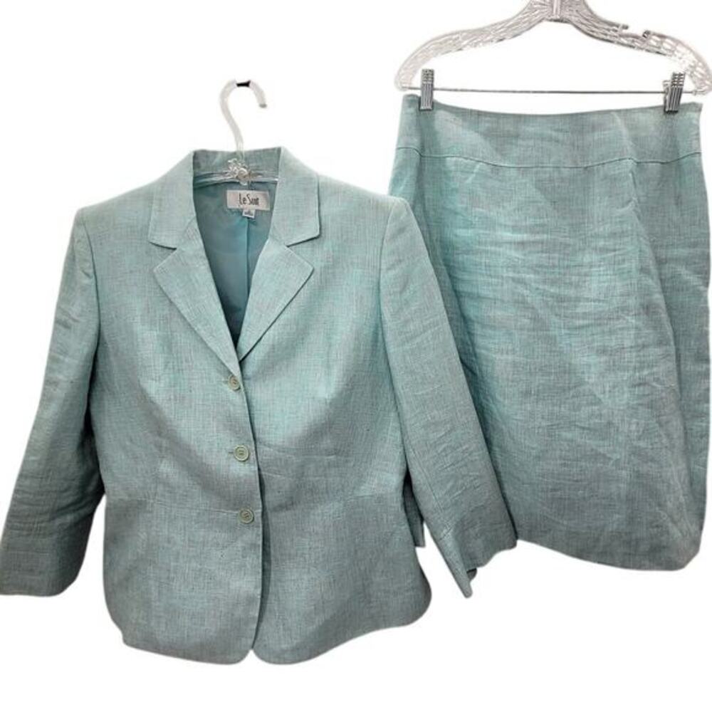 Le Suit Vintage‎ 90s Pastel Linen Ladies Single Breasted Midi Skirt Suit Set